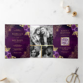 Invitation Trois Volets Royal Purple Floral Gold Lace QR Code Mariage (Intérieur)