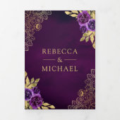 Invitation Trois Volets Royal Purple Floral Gold Lace QR Code Mariage (Page de couverture)