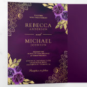 Invitation Trois Volets Royal Purple Floral Gold Lace QR Code Mariage (Intérieur en premier)