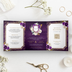 Invitation Trois Volets Royal Violet Or Floral Tout en Un Crest Mariage