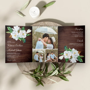 Invitation Trois Volets Russe blanc Magnolia Floral Grange Mariage en bois