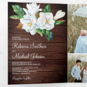 Invitation Trois Volets Russe blanc Magnolia Floral Grange Mariage en bois (Intérieur en premier)