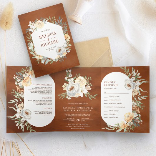 Invitation Trois Volets Russe Boho Earthy Peach Floral Terracotta Mariage