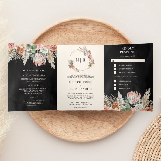 Invitation Trois Volets Russe Boho Terme Floral Pampas Mariage noir