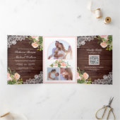 Invitation Trois Volets Russe dentelle de bois rose rose floral QR Code Ma (Intérieur)