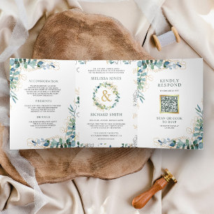 Invitation Trois Volets Russe Eucalyptus Gold tout en un Mariage de code Q