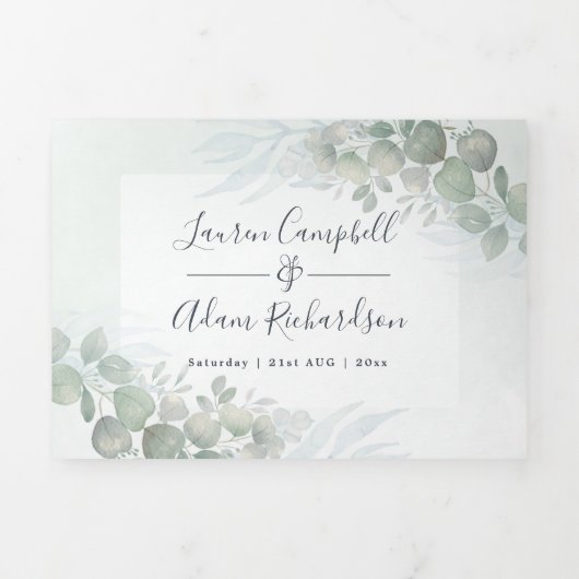 Invitation Trois Volets Russe Eucalyptus Sage Vert Mariage d'aquarelle (Page de couverture)
