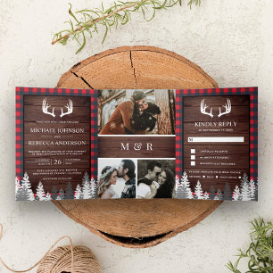 Invitation Trois Volets Russe Grange Bois Rouge Buffalo Plaid Antlers Mari