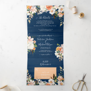 Invitation Trois Volets Russe Marine Blue Blush & Peach Mariage