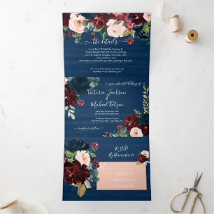 Invitation Trois Volets Russe Navy Blue Blush & Burgundy Floral Mariage