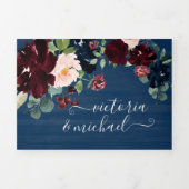 Invitation Trois Volets Russe Navy Blue Blush & Burgundy Floral Mariage (Page de couverture)