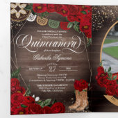Invitation Trois Volets Russe Rouge Rose Charro Pays Ouest Quinceañera (Intérieur en premier)