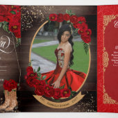 Invitation Trois Volets Russe Rouge Rose Charro Pays Ouest Quinceañera (Intérieur au milieu)