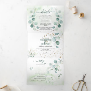 Invitation Trois Volets Russe Sage & Gold Eucalyptus Botanical Mariage