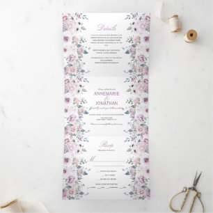Invitation Trois Volets Russe Violet & Rose Aquarelle Rose Mariage