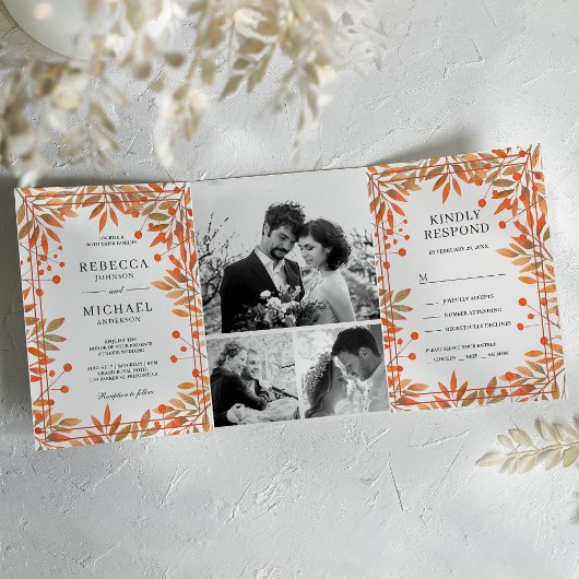 Invitation Trois Volets Rustic Automne Feuilles Photo Collage Mariage