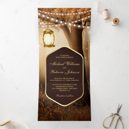 Invitation Trois Volets Rustic Automne Lampe d'arbre d'automne Mariage (Intérieur)