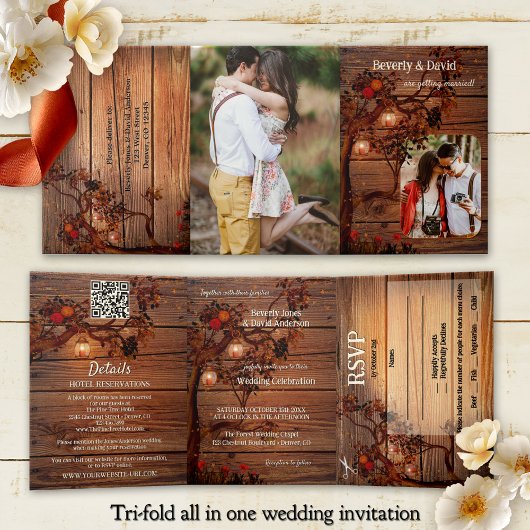 Invitation Trois Volets Rustic Autumn Tree Photo Wedding
