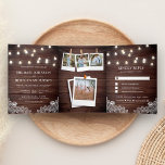 Invitation Trois Volets Rustic Barn Bois dentelle luminaires Mariage photo<br><div class="desc">Éblouissez vos invités avec cette élégante invitation de mariage avec de belles ampoules à cordes et dentelle blanche avec typographie moderne sur un arrière - plan rustique en bois de grange avec carte RSVP détachable. Ajoutez simplement les détails de votre événement sur ce modèle facile à utiliser et ornez cette...</div>