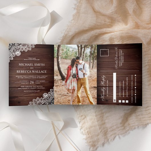 Invitation Trois Volets Rustic Barn Wood dentelle Mariage Photo