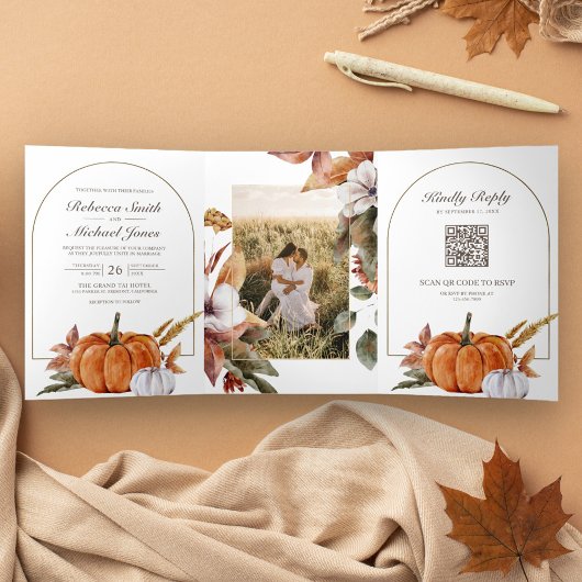 Invitation Trois Volets Rustic Boho Citrouille Photo QR Code Mariage