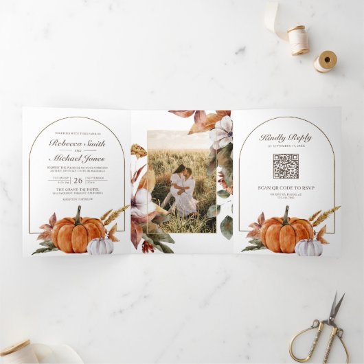 Invitation Trois Volets Rustic Boho Citrouille Photo QR Code Mariage (Intérieur)
