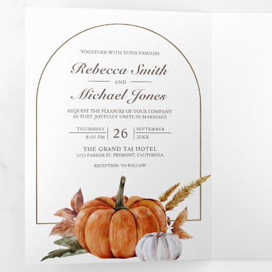 Invitation Trois Volets Rustic Boho Citrouille Photo QR Code Mariage (Intérieur en premier)