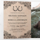 Invitation Trois Volets Rustic Burlap Horseshoes Lace Mariage Photo (Intérieur en premier)