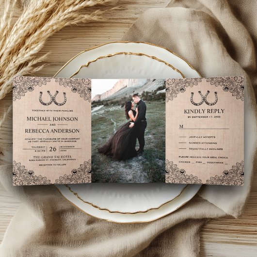 Invitation Trois Volets Rustic Burlap Horseshoes Lace Mariage Photo