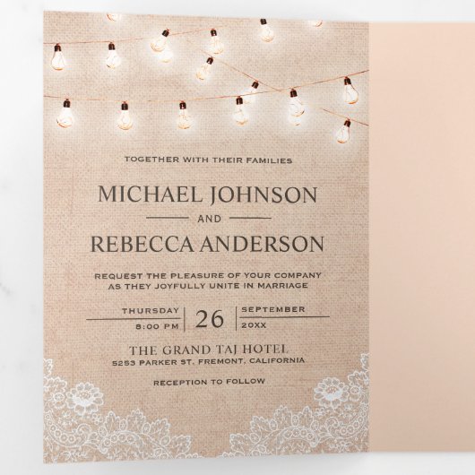 Invitation Trois Volets Rustic Burlap Lace String Lights Mariage photo (Intérieur en premier)