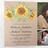 Invitation Trois Volets Rustic Burlap Sunflowers Photo Collage Mariage (Intérieur en premier)