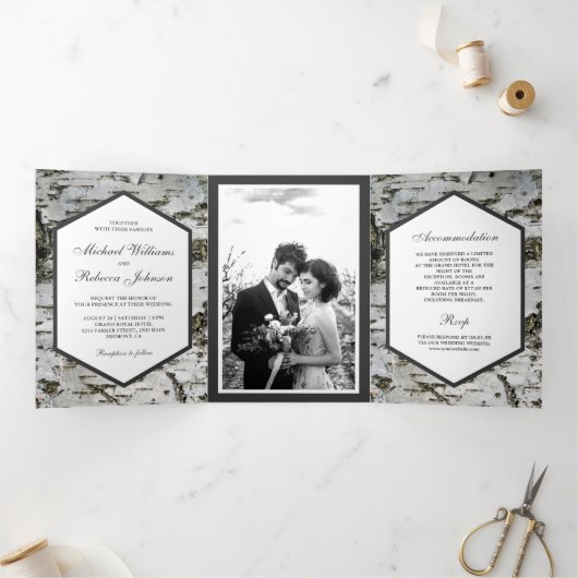 Invitation Trois Volets Rustic Country Birch Tree Bark Mariage photo (Intérieur)