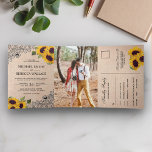 Invitation Trois Volets Rustic Country Burlap Dentelle Mariage de tourneso<br><div class="desc">Éblouissez vos invités avec ce thème de tournesol élégant tout en une invitation de mariage avec de beaux tournesols et dentelle noire avec carte RSVP détachable. Ajoutez simplement les détails de votre événement sur ce modèle facile à utiliser et ornez cette carte avec votre photo préférée pour en faire une...</div>