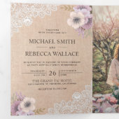 Invitation Trois Volets Rustic Country Burlap Dentelle rose Mariage Floral (Intérieur en premier)