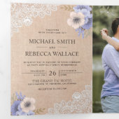 Invitation Trois Volets Rustic Country Burlap Dentelle violet Mariage Flor (Intérieur en premier)