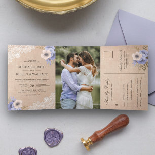 Invitation Trois Volets Rustic Country Burlap Dentelle violet Mariage Flor