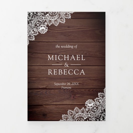 Invitation Trois Volets Rustic Country dentelle en bois photo Mariage (Page de couverture)