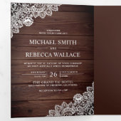Invitation Trois Volets Rustic Country dentelle en bois photo Mariage (Intérieur en premier)
