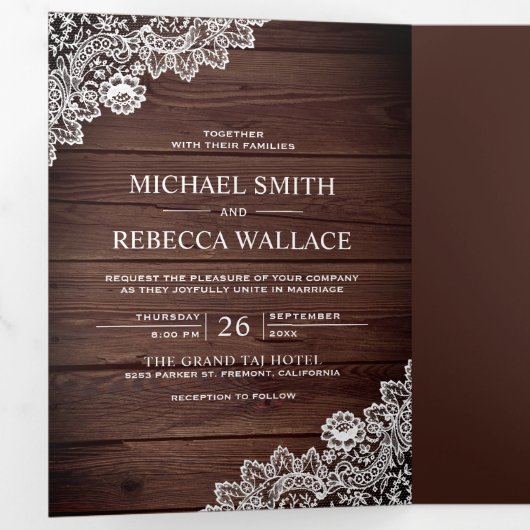 Invitation Trois Volets Rustic Country dentelle en bois photo Mariage (Intérieur en premier)