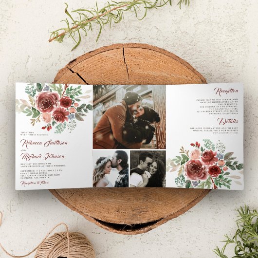 Invitation Trois Volets Rustic Country Marsala Floral Mariage