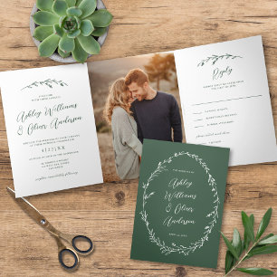 Invitation Trois Volets Rustic Dark Green Fleur sauvage Boho Mariage photo