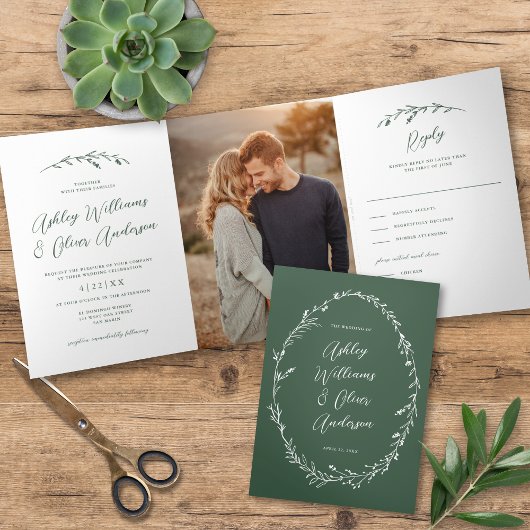 Invitation Trois Volets Rustic Dark Green Fleur sauvage Boho Mariage photo
