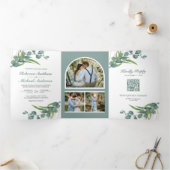 Invitation Trois Volets Rustic Eucalyptus Photo Collage QR Code Mariage (Intérieur)