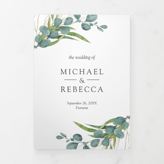 Invitation Trois Volets Rustic Eucalyptus Photo Collage QR Code Mariage (Page de couverture)