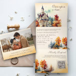 Invitation Trois Volets Rustic Fairytale Castle QR Code Story Mariage de l<br><div class="desc">Éblouissez vos invités avec cette invitation de mariage rustique à thème conte de fées mettant en vedette un beau vieux château sur un arrière - plan parchemin rustique avec QR Code pour RSVP en ligne. Ajoutez simplement les détails de votre événement sur ce modèle facile à utiliser et ornez cette...</div>
