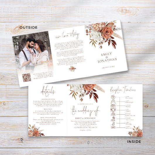 Invitation Trois Volets Rustic Fall Florals Photo QR Code Timeline Mariage