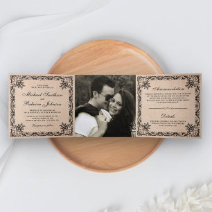 Invitation Trois Volets Rustic Flourning Ornate Border Burlap Photo Mariag
