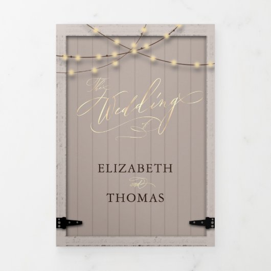 Invitation Trois Volets Rustic Grange Bois Calligraphie Élégant Mariage ph (Page de couverture)