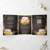 Invitation Trois Volets Rustic Grange Citrouille de tournesol QR Code Mari (Intérieur)