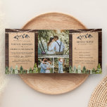 Invitation Trois Volets Rustic Kraft Mountain Forest Photo Collage Mariage<br><div class="desc">Éblouissez vos invités avec cette élégante invitation de mariage tout-en-un à thème de forêt avec des pins à feuillage persistant et des montagnes rocheuses avec typographie accrocheuse et carte RSVP détachable. Ajoutez simplement les détails de votre événement sur ce modèle facile à utiliser et ornez cette carte avec vos photos...</div>